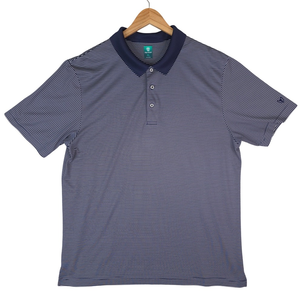Pro Tour Golf Polo Shirt Men XL Navy Blue White Striped Performance Short Sleeve
